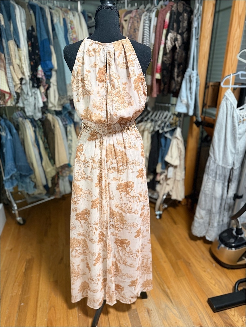 MEET ME IN SANTORINI Phaedra’s Garden Maxi Dress w Gold Chain Belt NWT Large - Picture 3 of 7